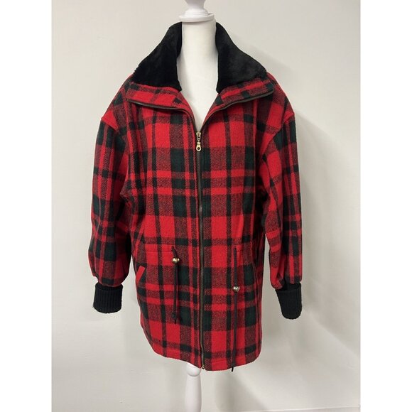 Vtg Miss New Yorker Women’s Modern Lg Red Plaid Oversized Wool Blend Tartan Coat - Picture 2 of 16